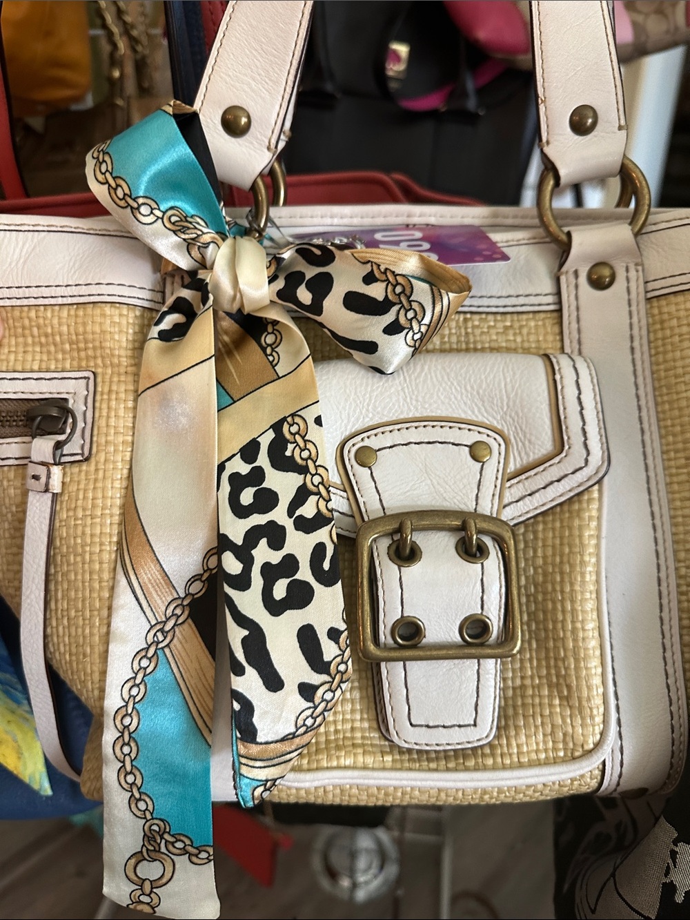 Coach  #127 2005 Vintage SoHo Legacy Beige Straw Tote with White Leather trim